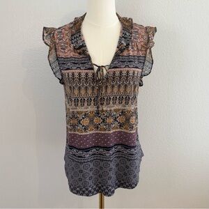 Lucky Brand Boho Mixed Print Flutter Sleeve Top Size M